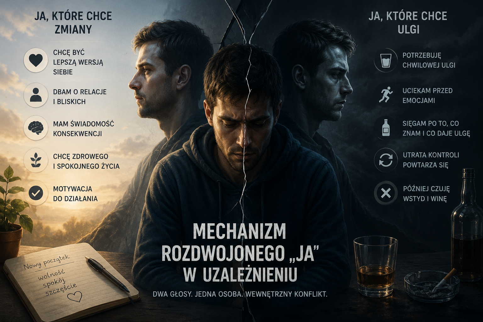 Read more about the article 3 (trzeci) Mechanizm rozdwojonego „ja” w uzależnieniu – dlaczego osoba uzależniona żyje w wewnętrznym konflikcie?